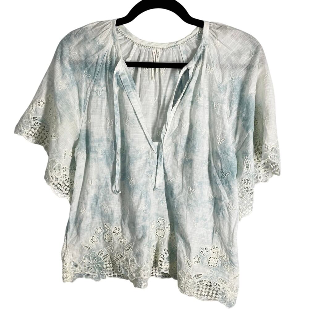 Anthropologie, Size XS, Light Blue & White Tie-Dye Embroidered Boho Blouse, Airy